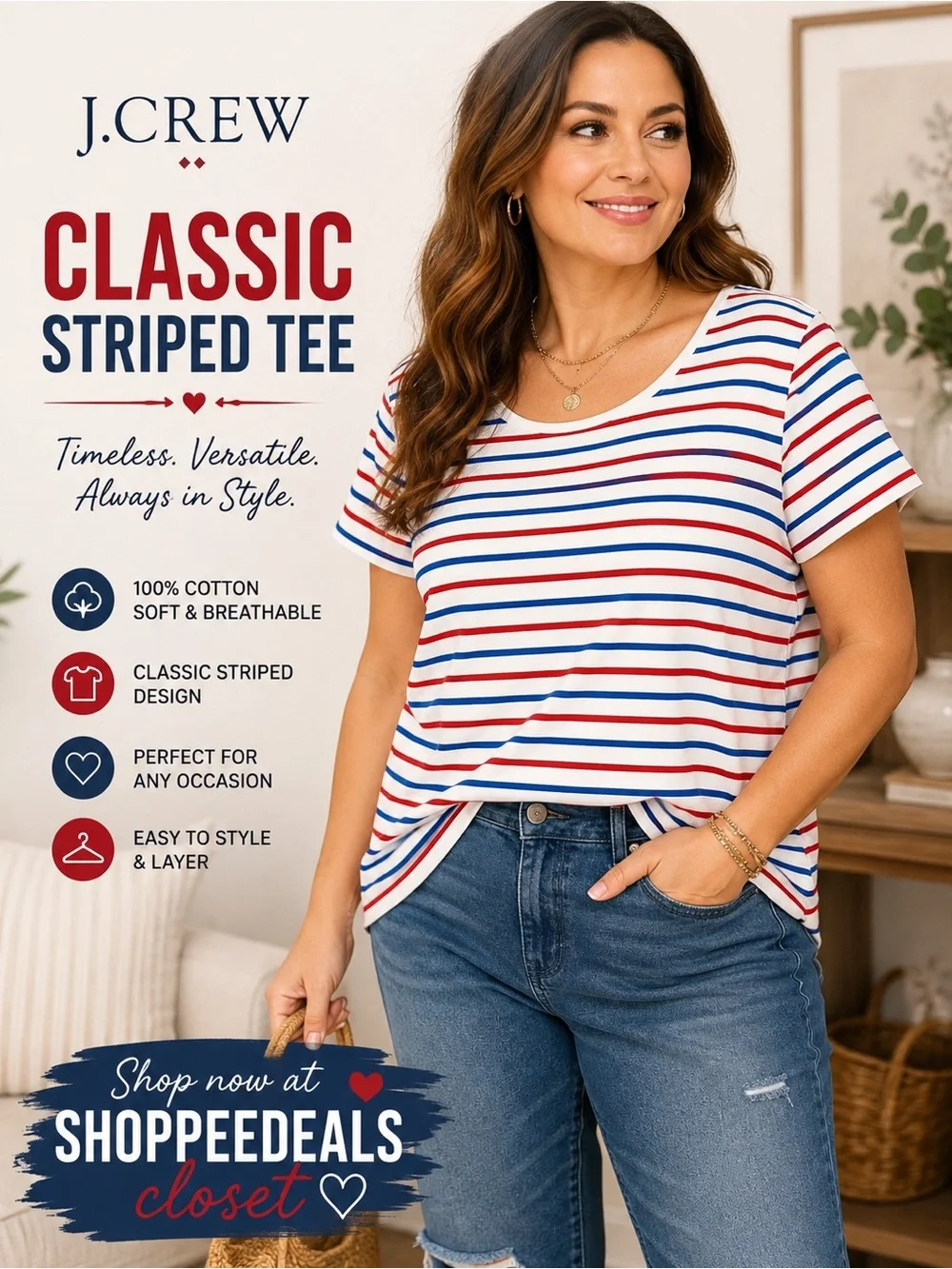 J.Crew Factory Red, White & Blue Striped Short Sleeve Tee – Women’s XL